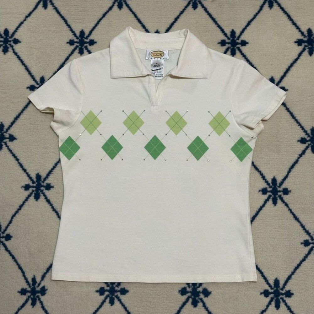 Talbots Petites Vintage 90s Argyle Rhinestone Embellished Short Sleeve Polo